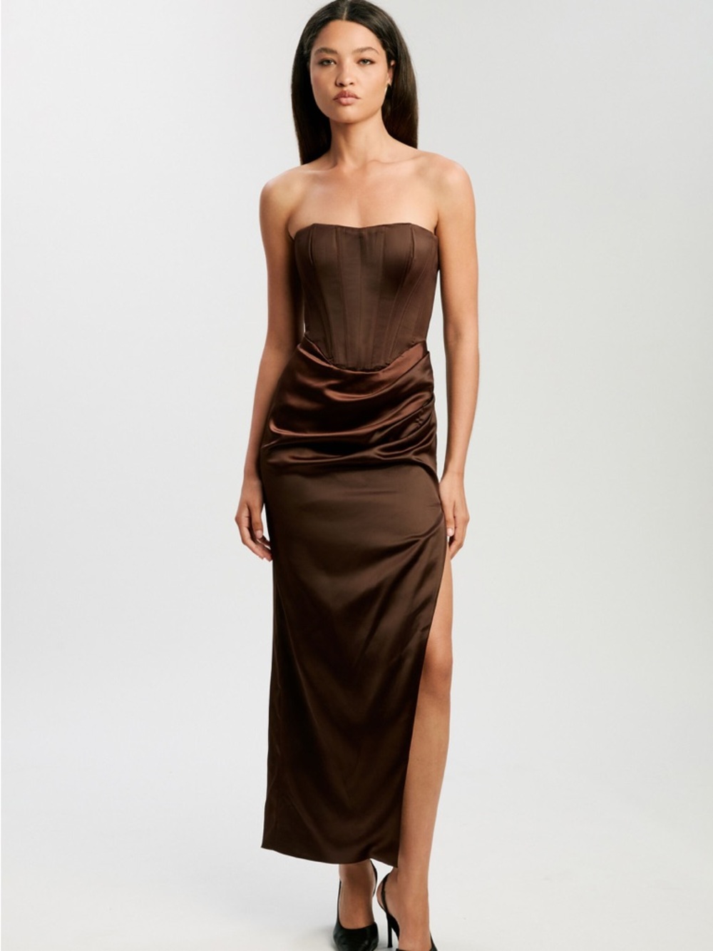 Bardot Everlasting Satin Chocolate Brown Strapless Corset Midi Dress - Picture 2 of 15